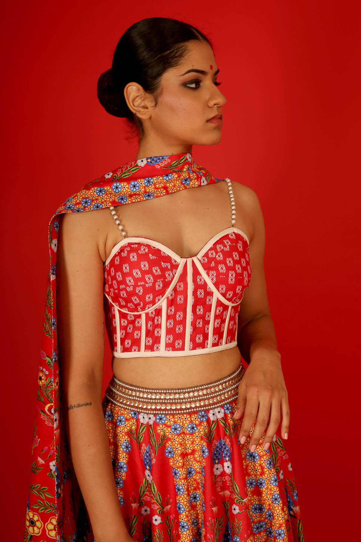Red Printed Chanderi Lehenga Set