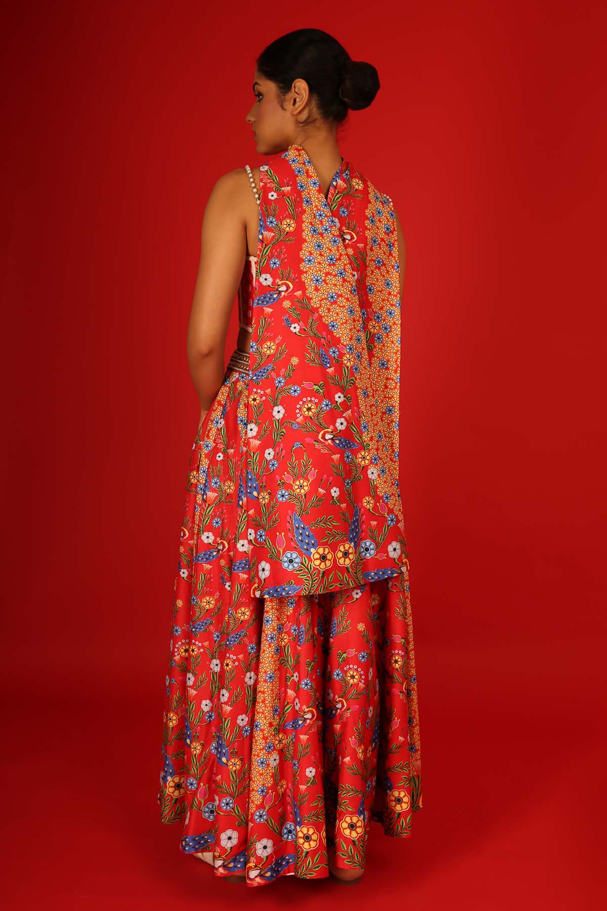 Red Printed Chanderi Lehenga Set