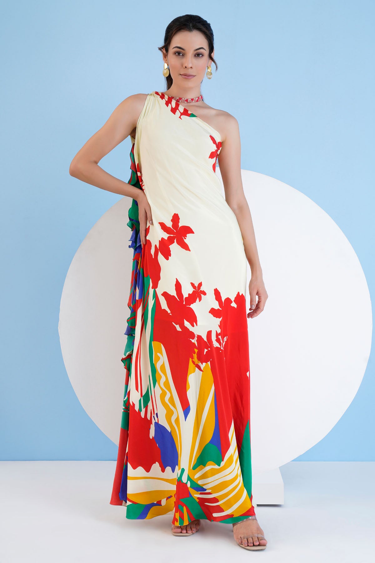 Red Printed One Shoulder Dress