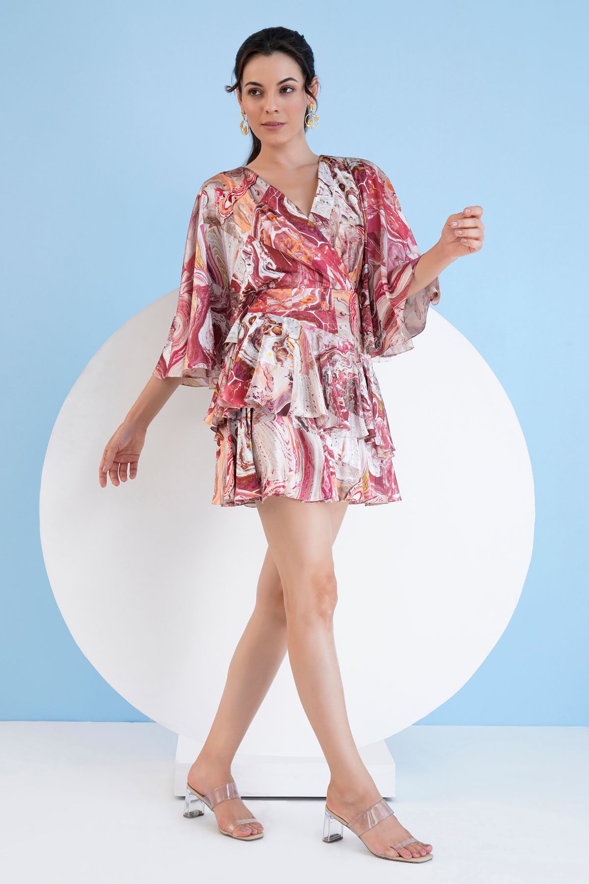 Red Printed Tiered Short Dress