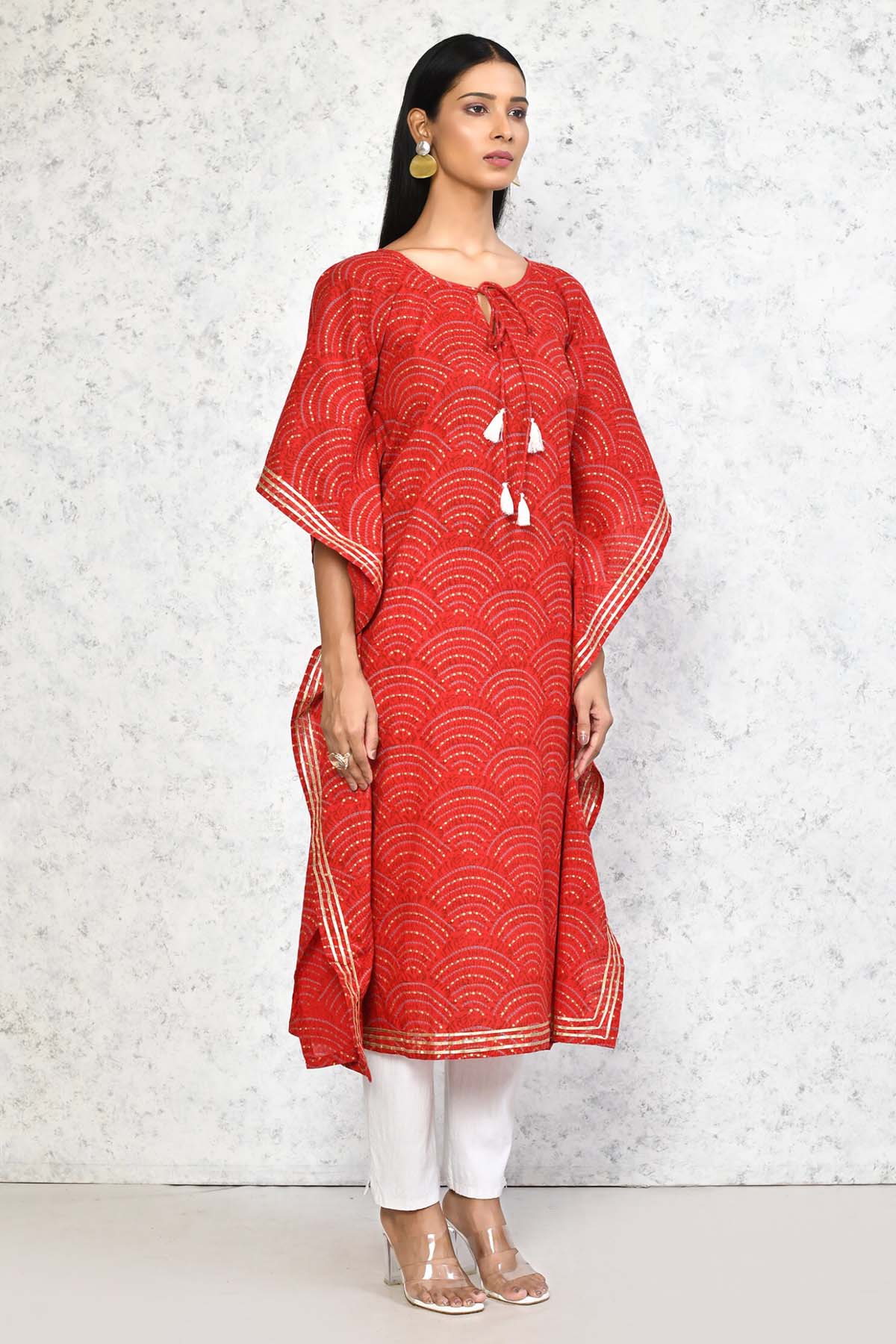 Red Pure Cotton Printed Kaftan