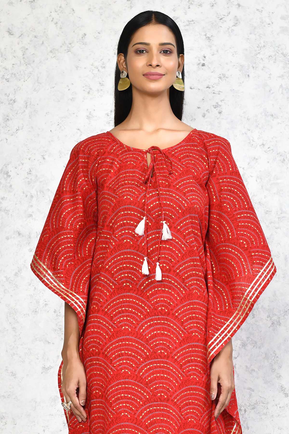 Red Pure Cotton Printed Kaftan