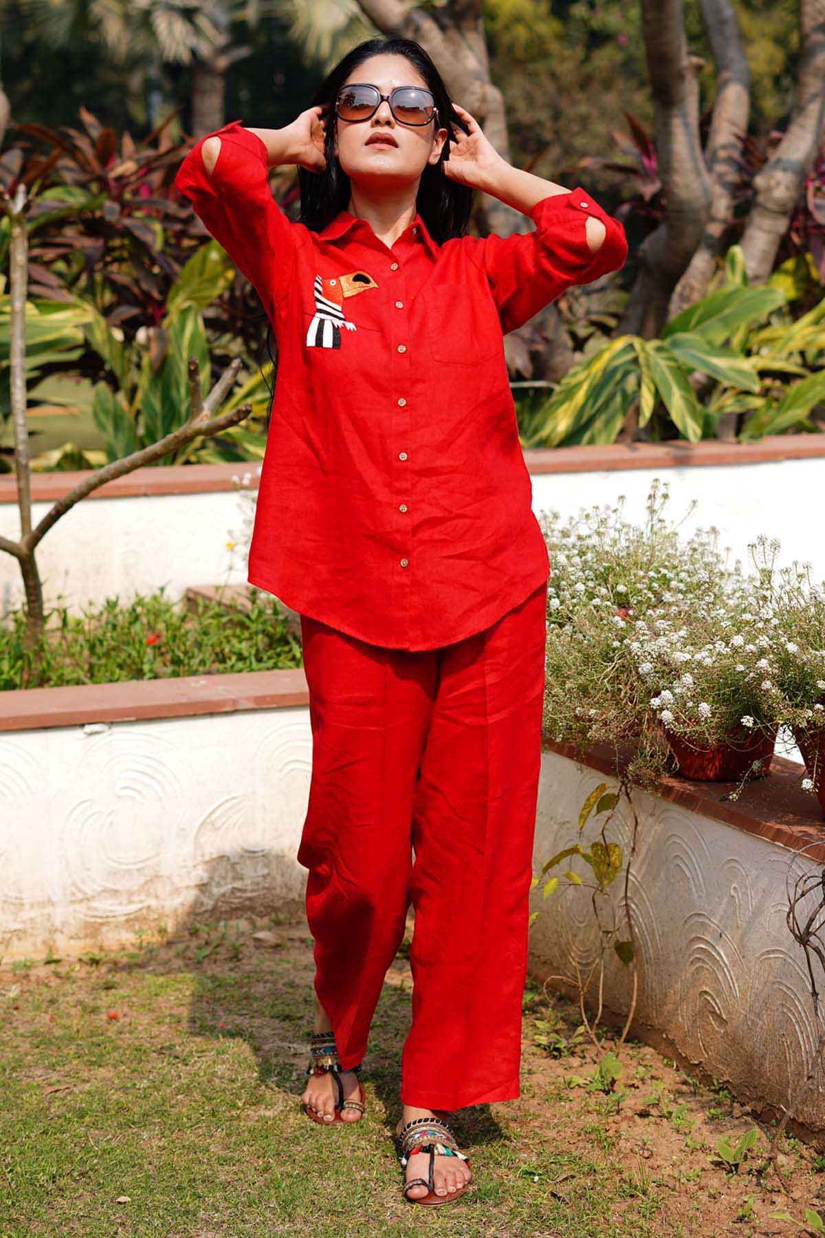 Red Pure Linen Pencil Pants