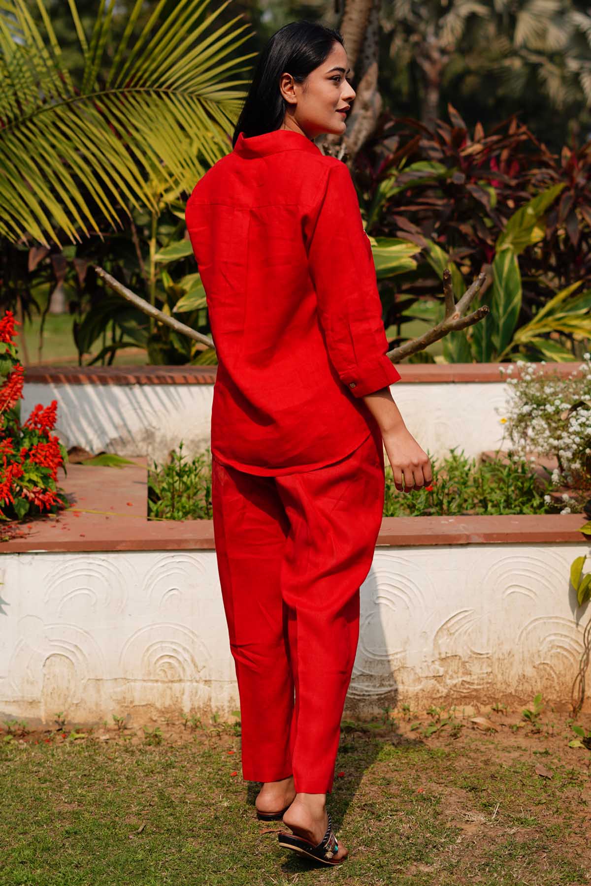 Red Pure Linen Pencil Pants