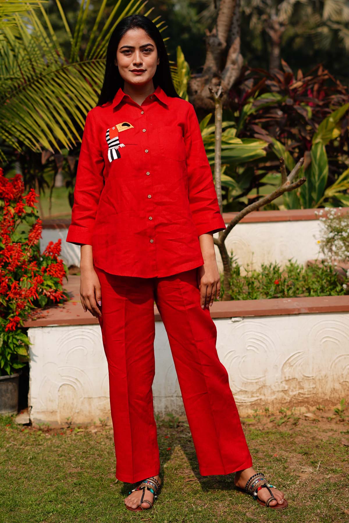 Red Pure Linen Pencil Pants