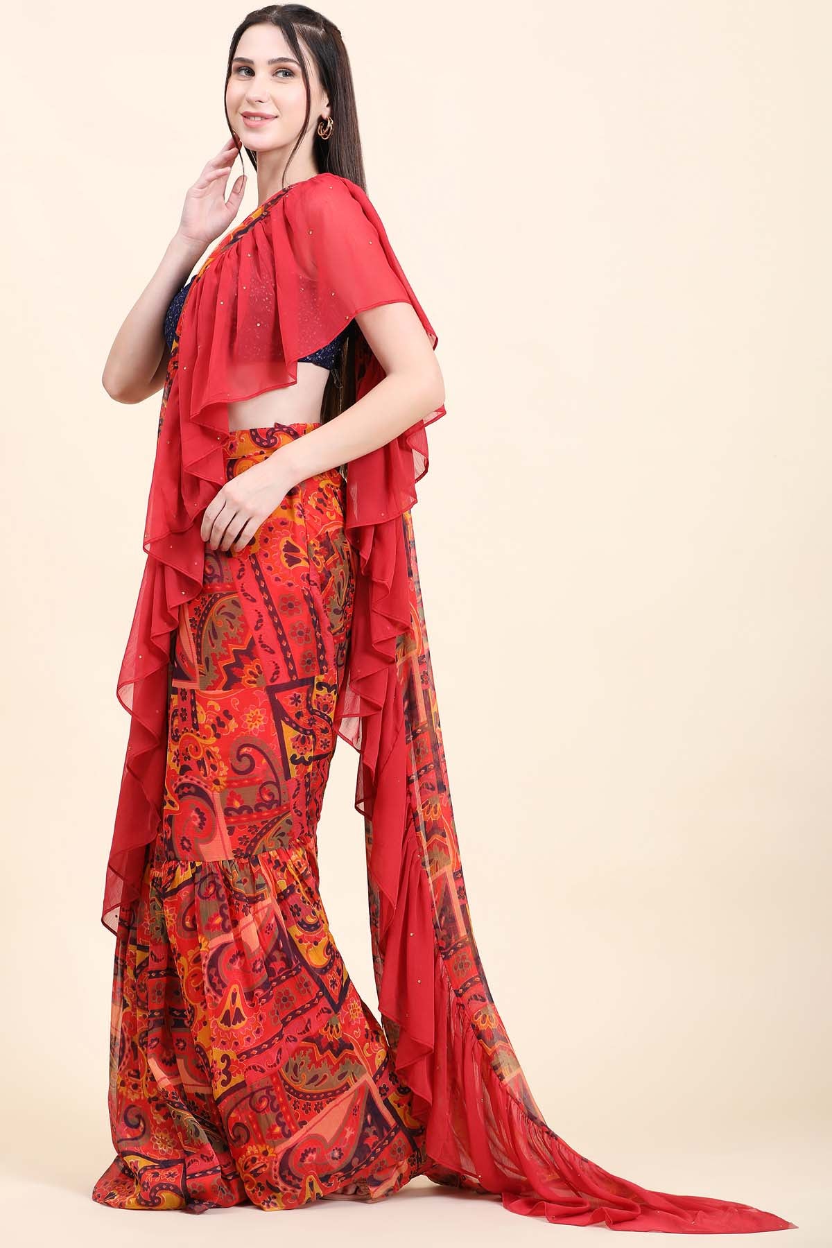 Red Ruffle Pallu Saree