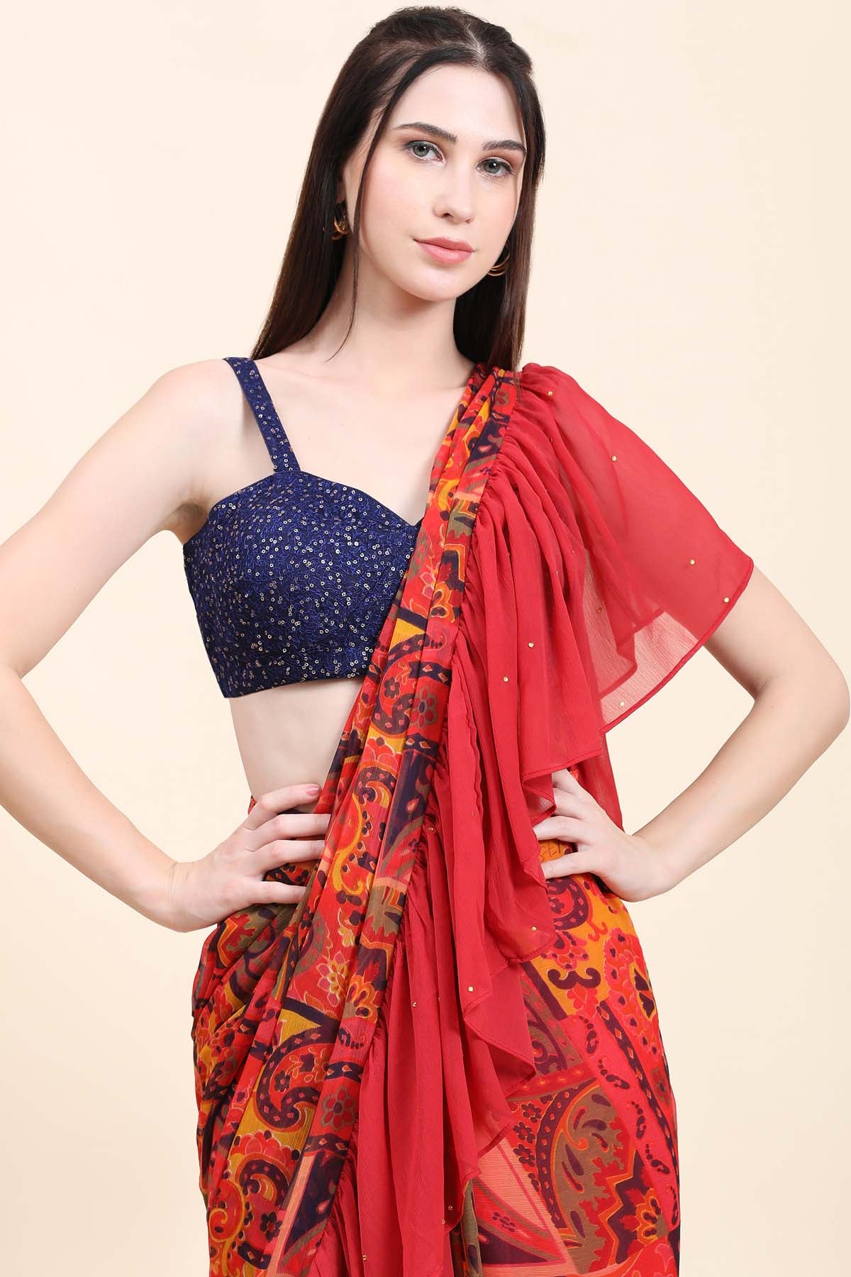 Red Ruffle Pallu Saree
