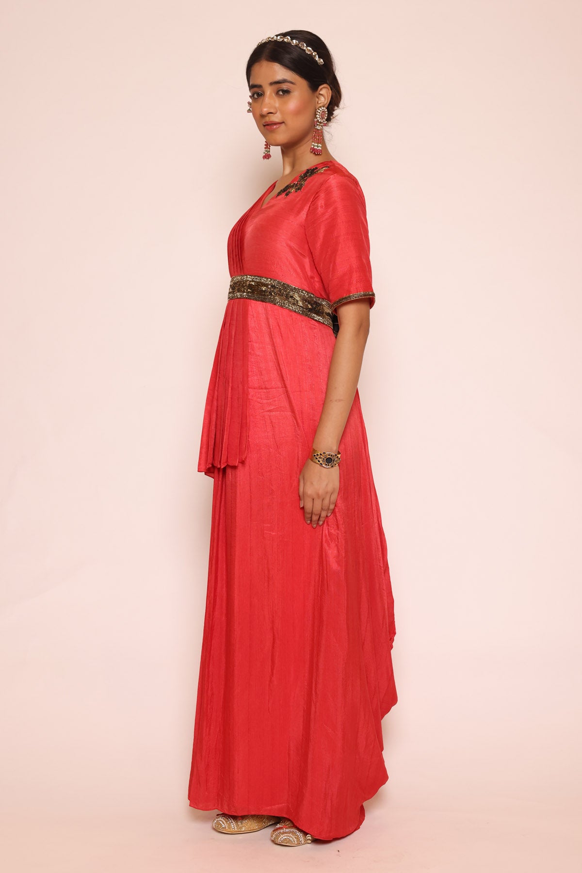 Red Sequins Pre Drape Saree