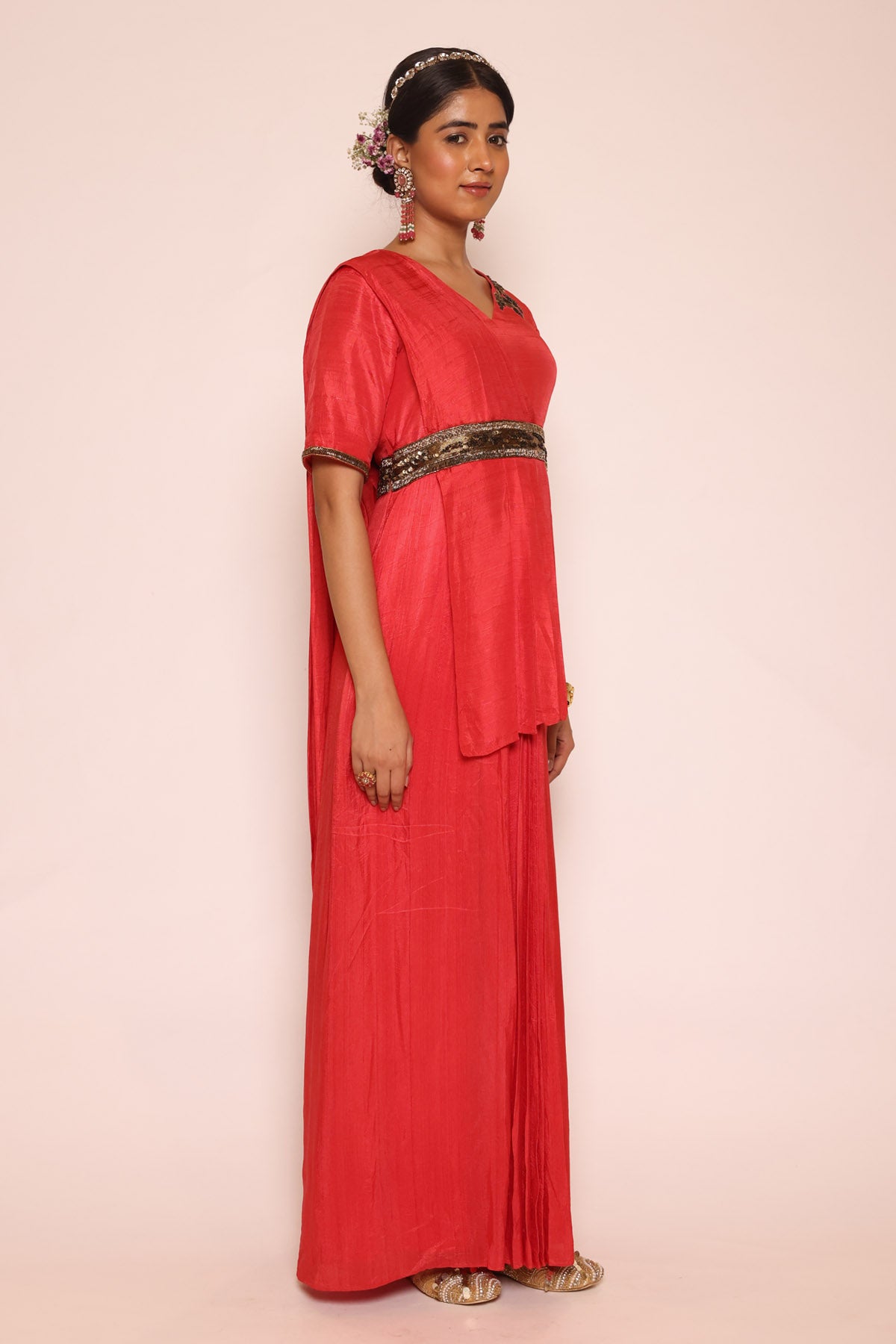 Red Sequins Pre Drape Saree