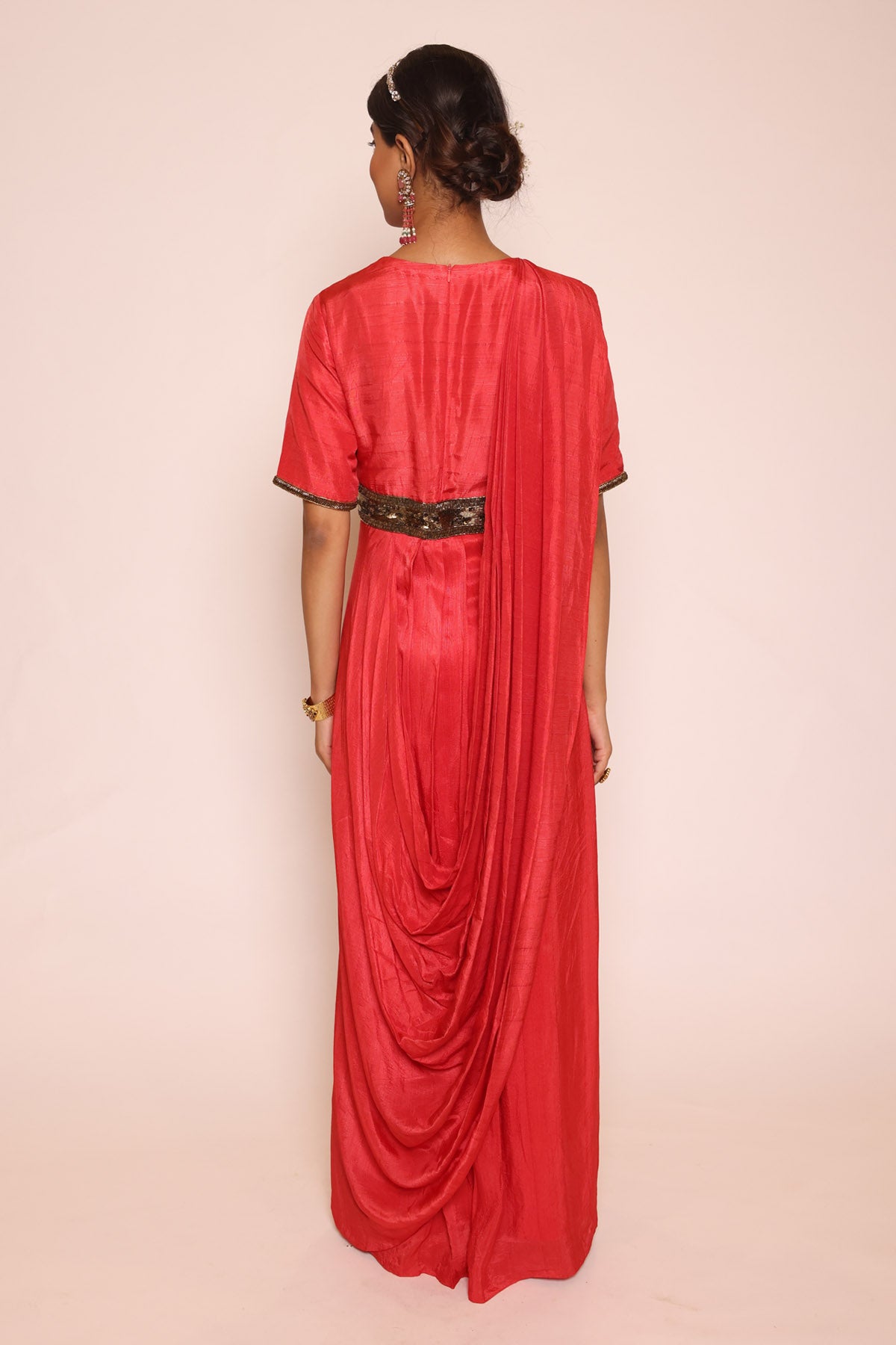 Red Sequins Pre Drape Saree