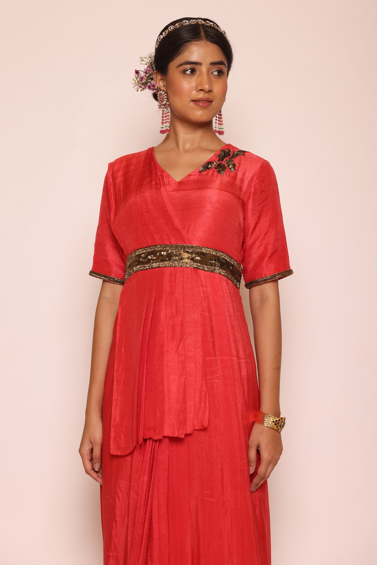 Red Sequins Pre Drape Saree