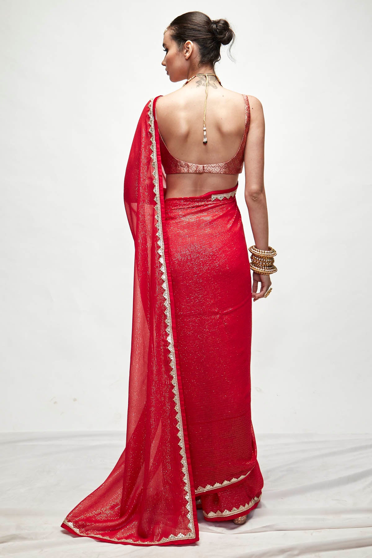 Red Silk Georgette Saree Set