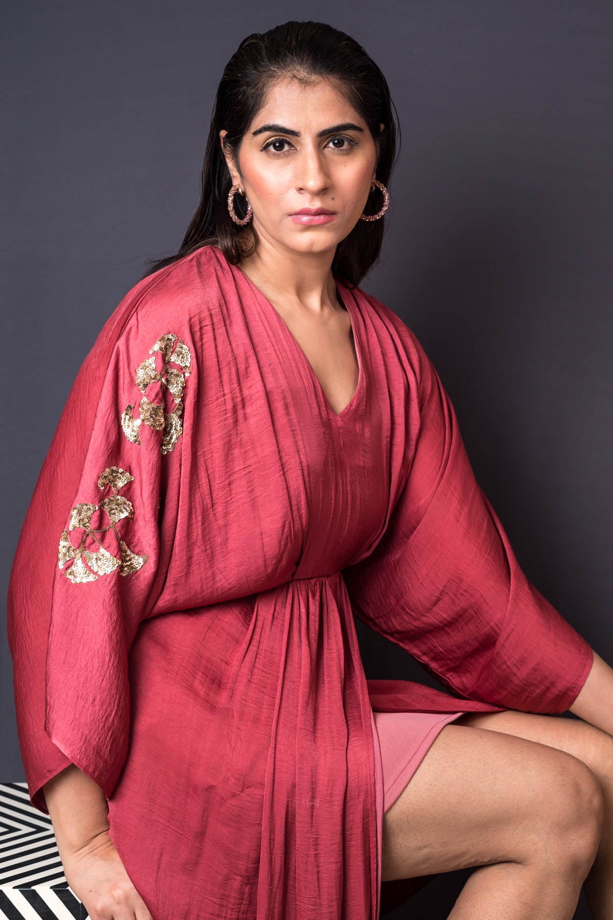 Red Silk Pleated Sequins Dress