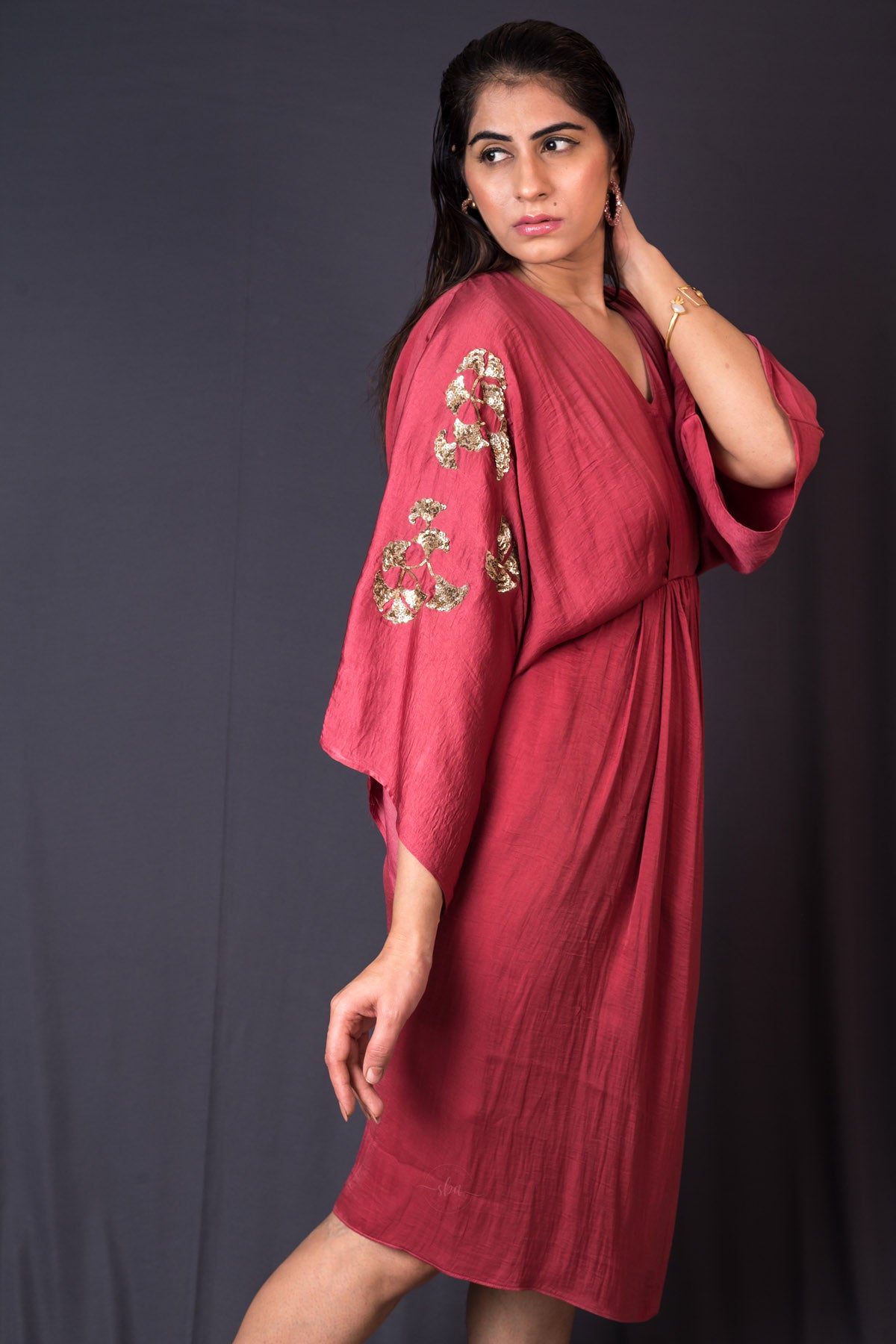 Red Silk Pleated Sequins Dress