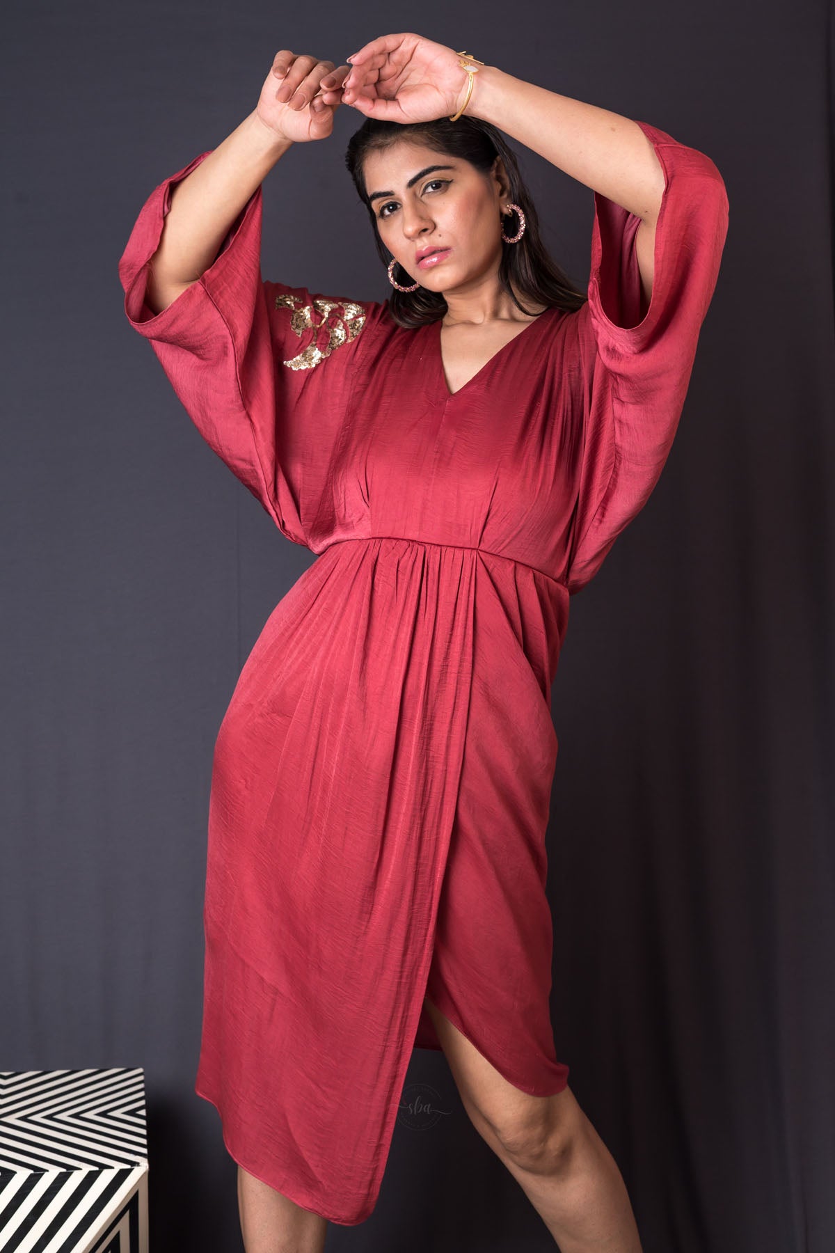 Red Silk Pleated Sequins Dress