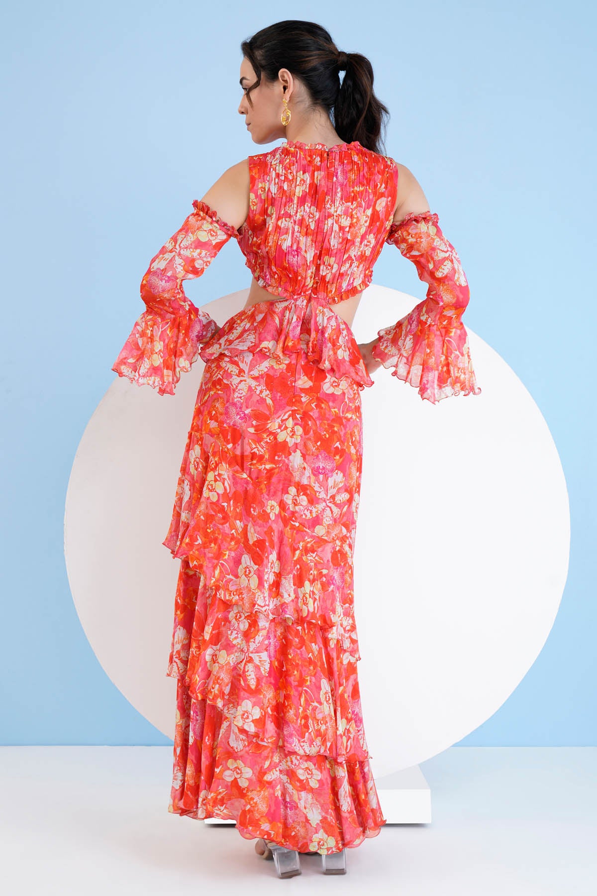 Red Tiered Waist Cutout Dress