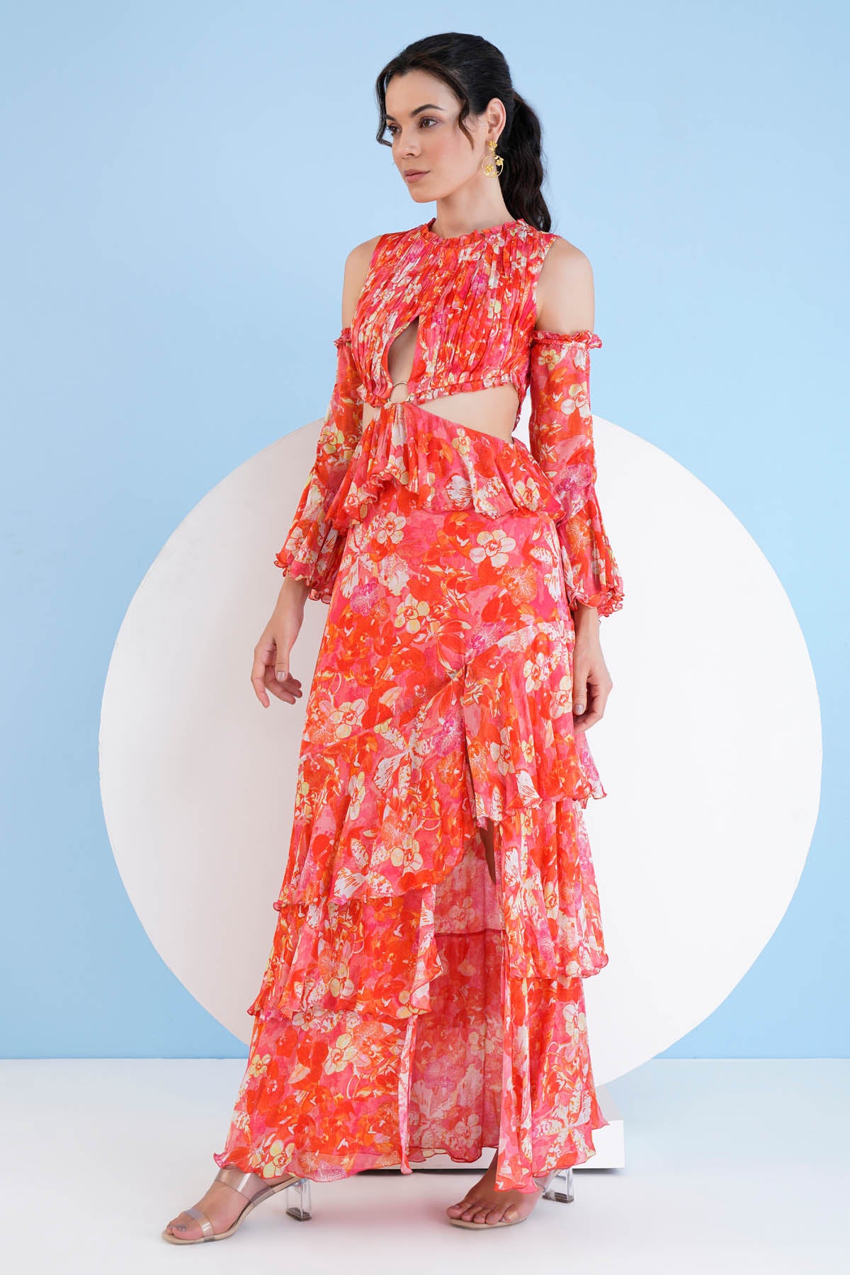 Red Tiered Waist Cutout Dress