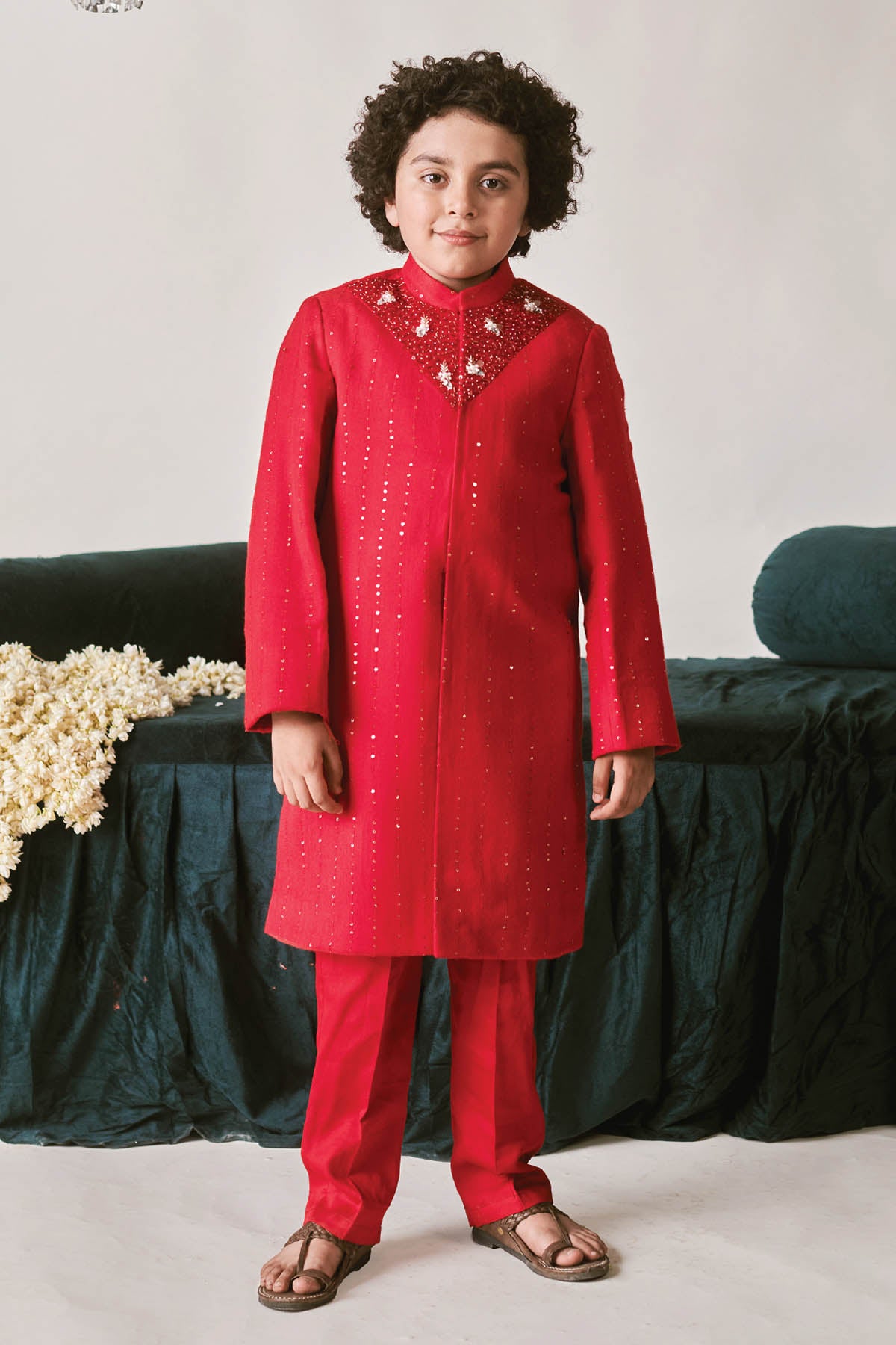 Red Vegan Silk Sherwani Set
