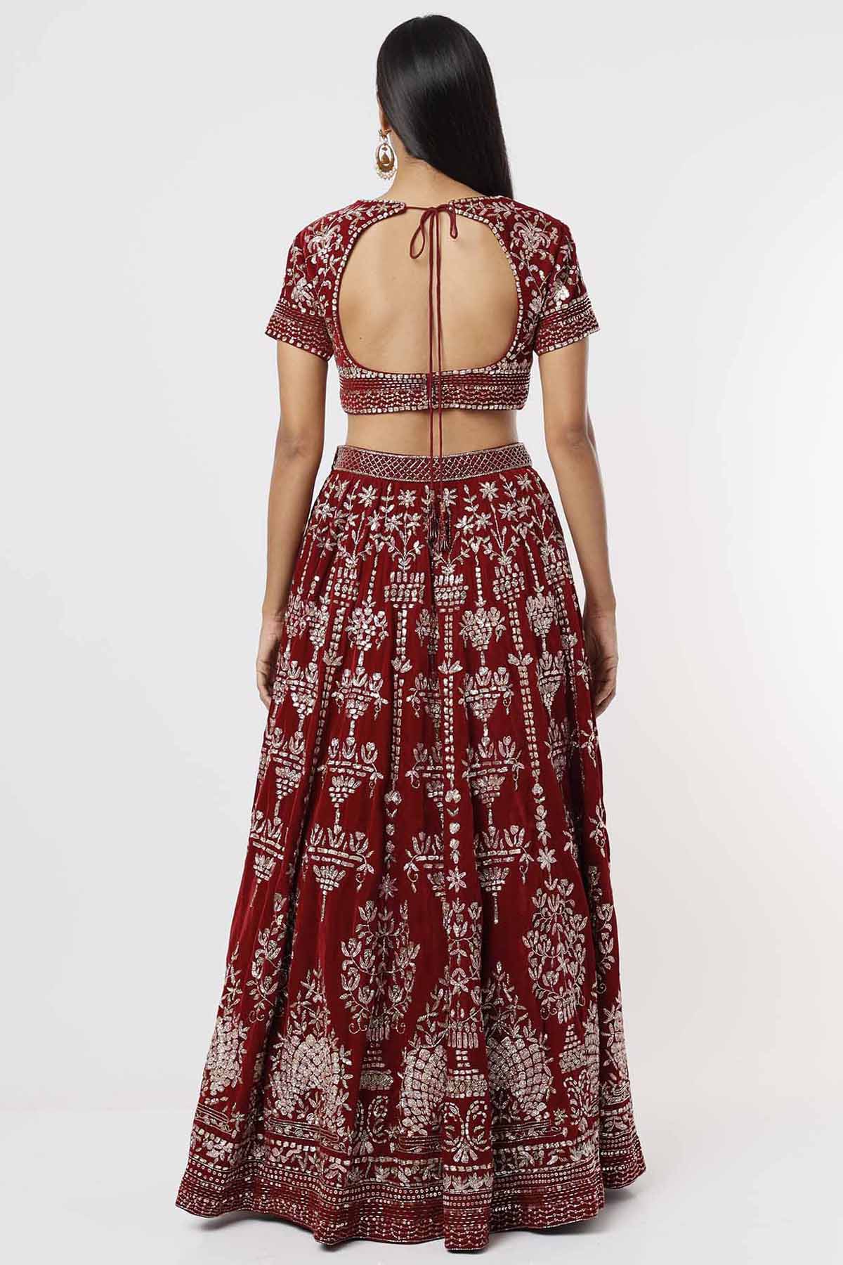 Red Velvet Embroidered Lehenga Set