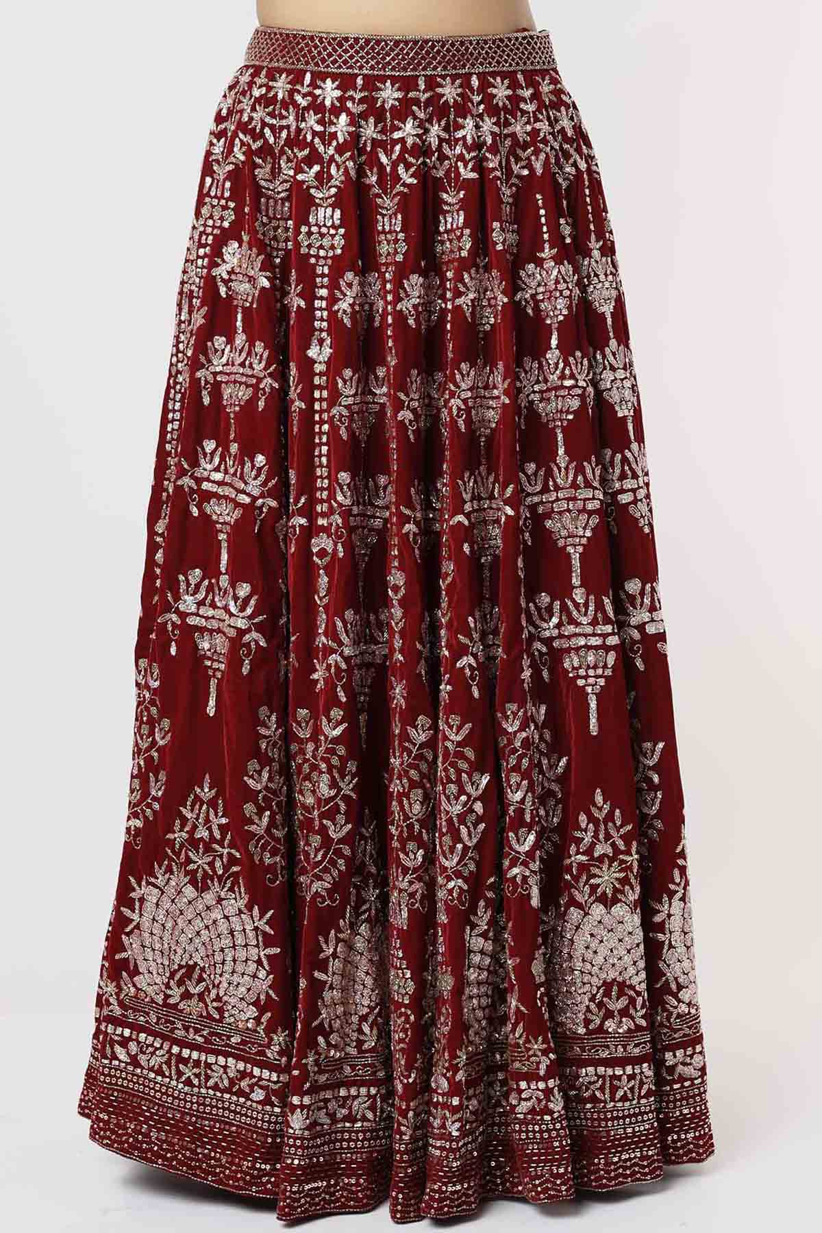 Red Velvet Embroidered Lehenga Set