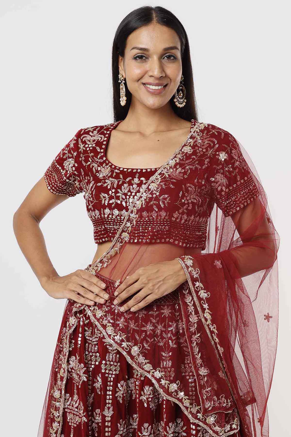 Red Velvet Embroidered Lehenga Set