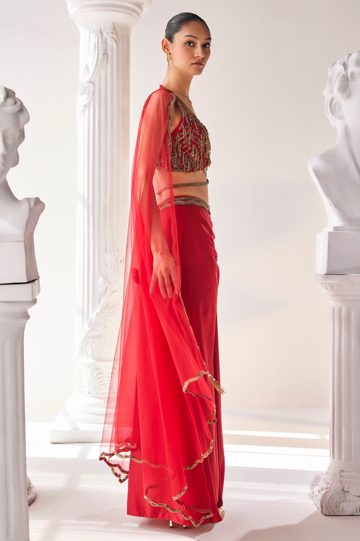 Red Zardosi Cape & Skirt Set