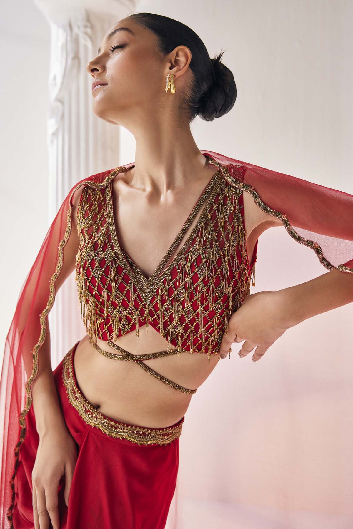 Red Zardosi Cape & Skirt Set