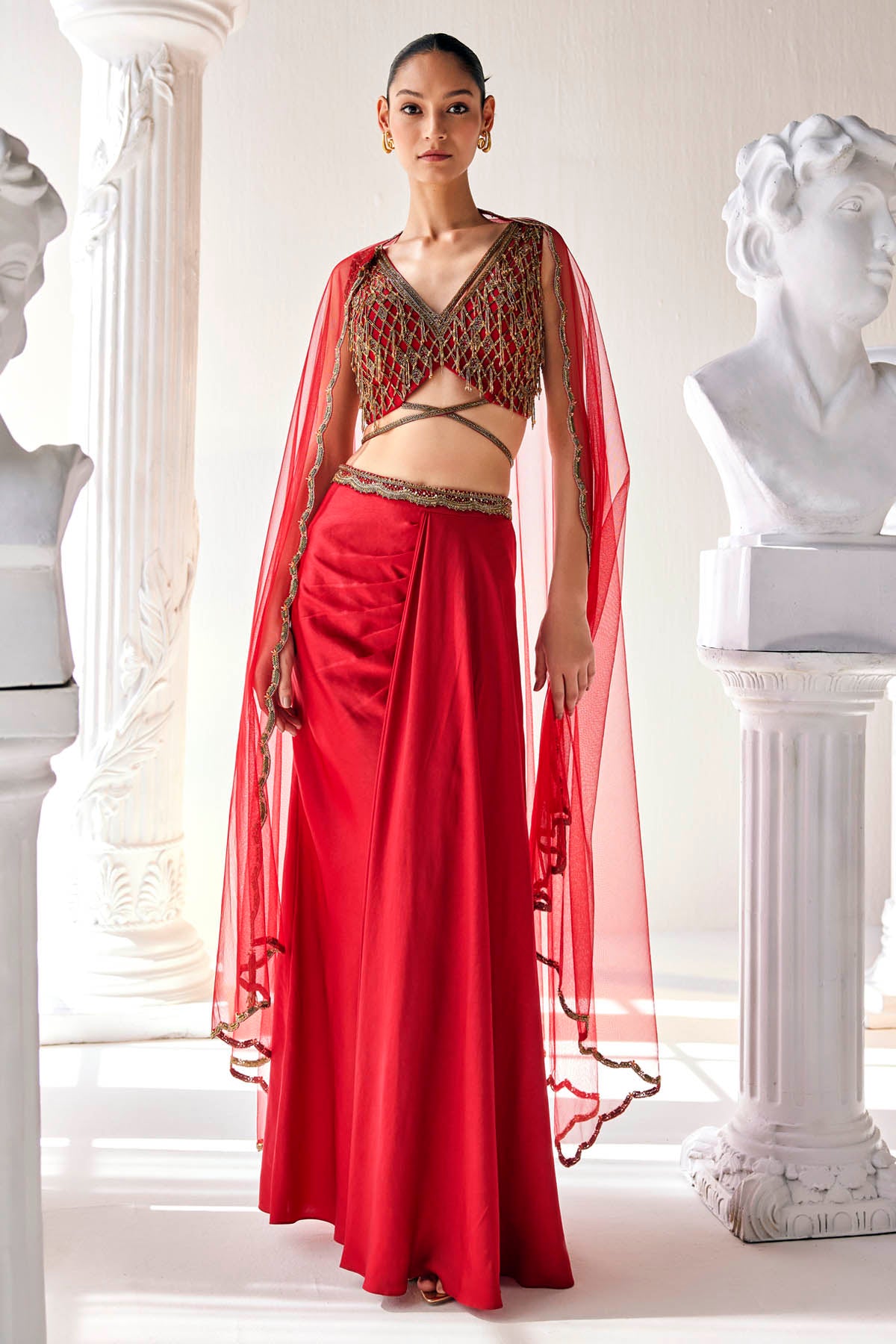 Red Zardosi Cape & Skirt Set