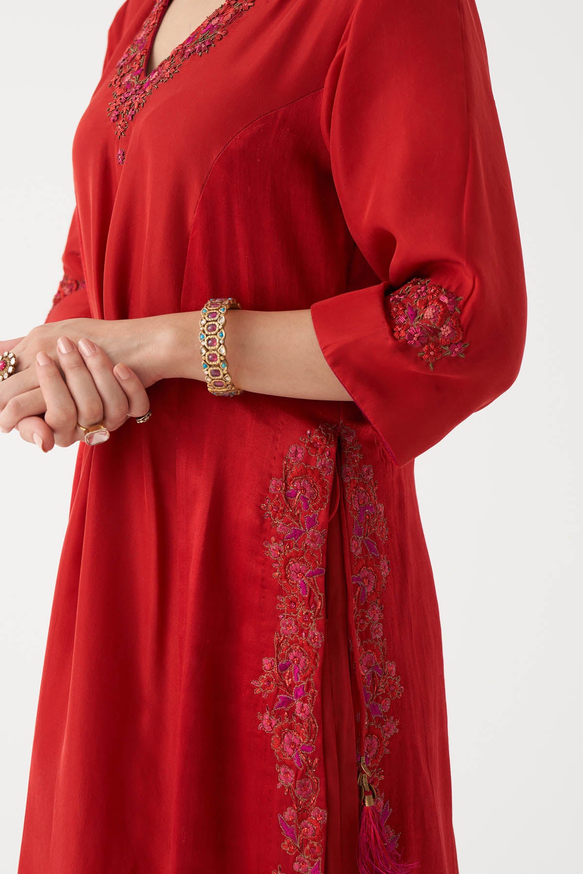 Red Zardozi Floral Kurta Set