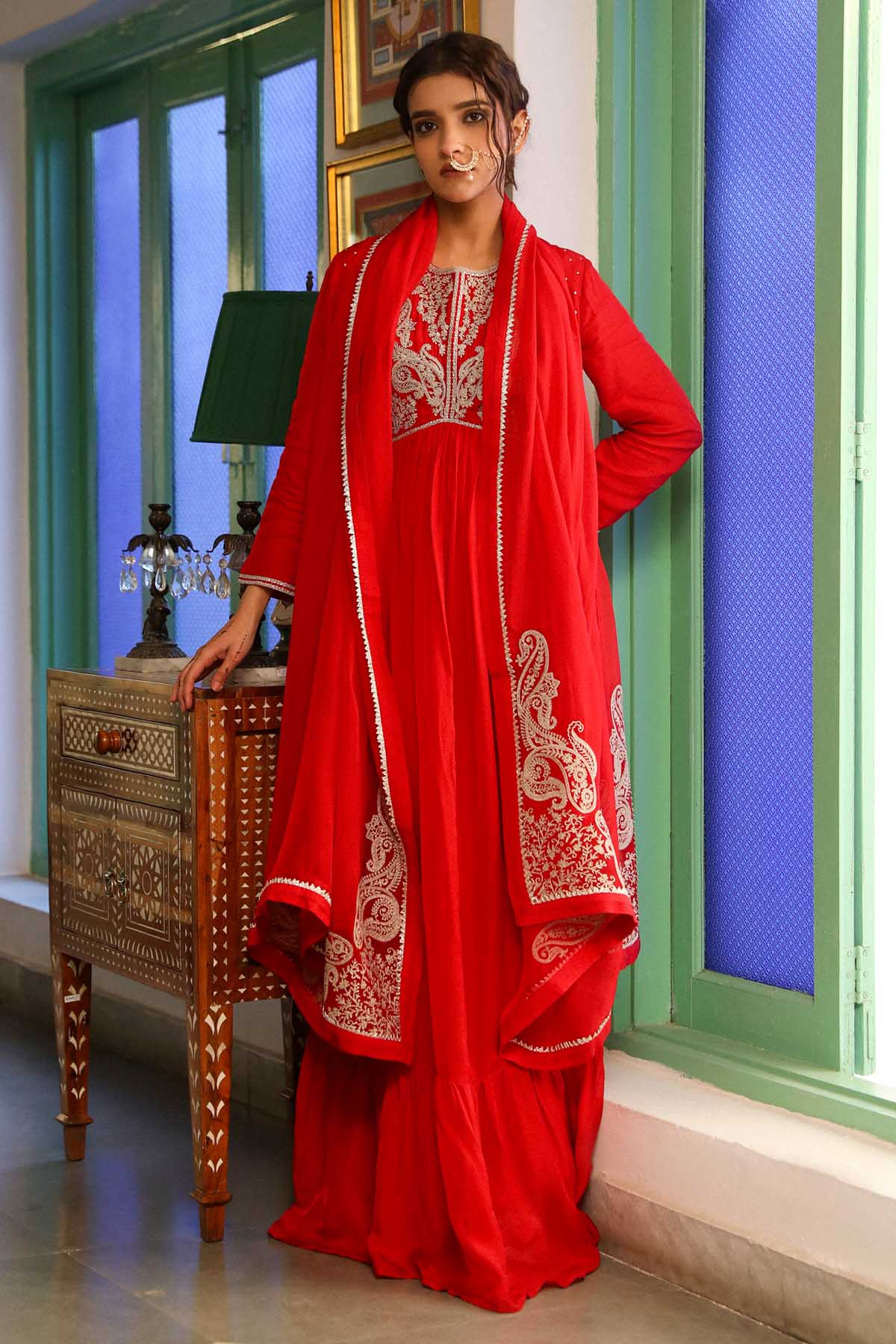 Red Zari & Sequins Anarkali Set
