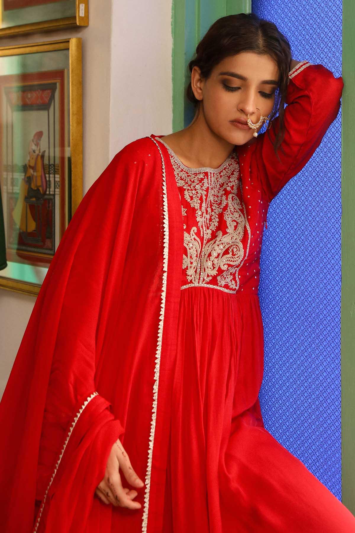 Red Zari & Sequins Anarkali Set