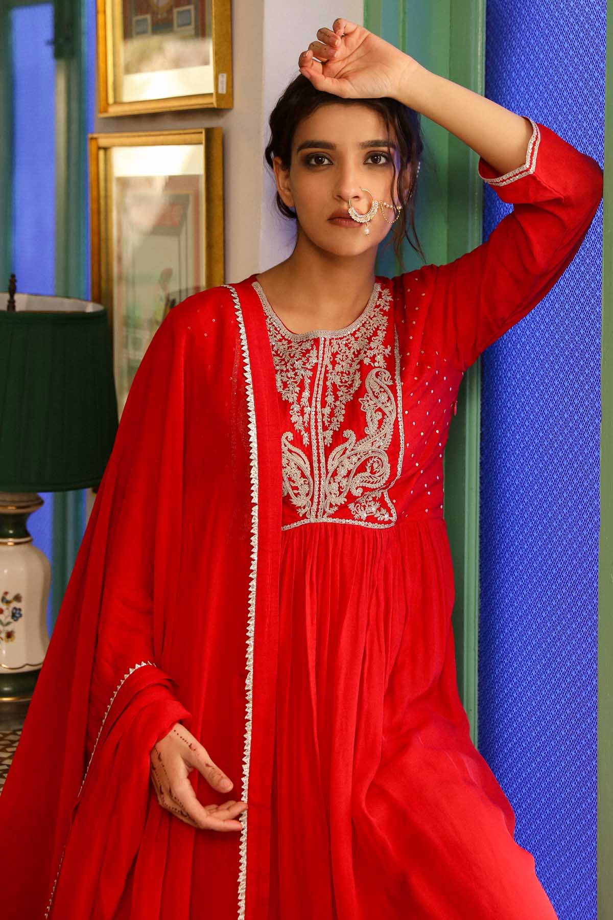 Red Zari & Sequins Anarkali Set