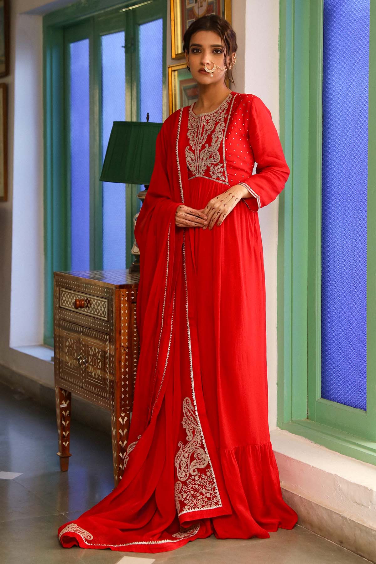 Red Zari & Sequins Anarkali Set
