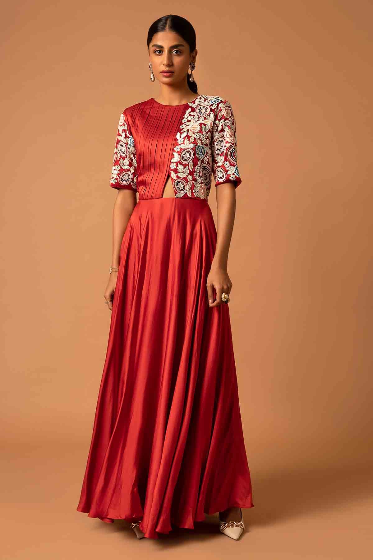 Sejal Kamdar Red A-Line Patchwork Maxi Dress for women online at ScrollnShops