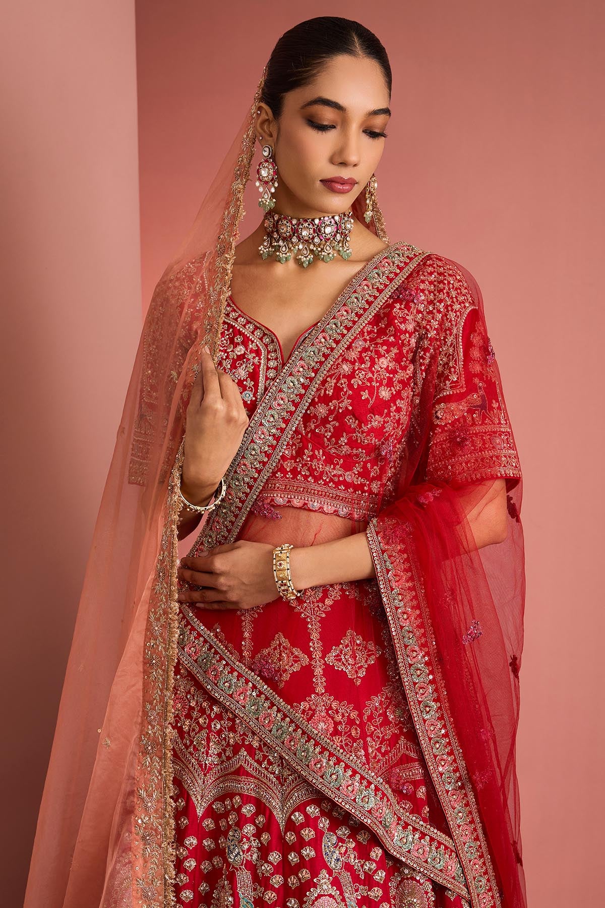 Red Aari Embroidery Lehenga Set