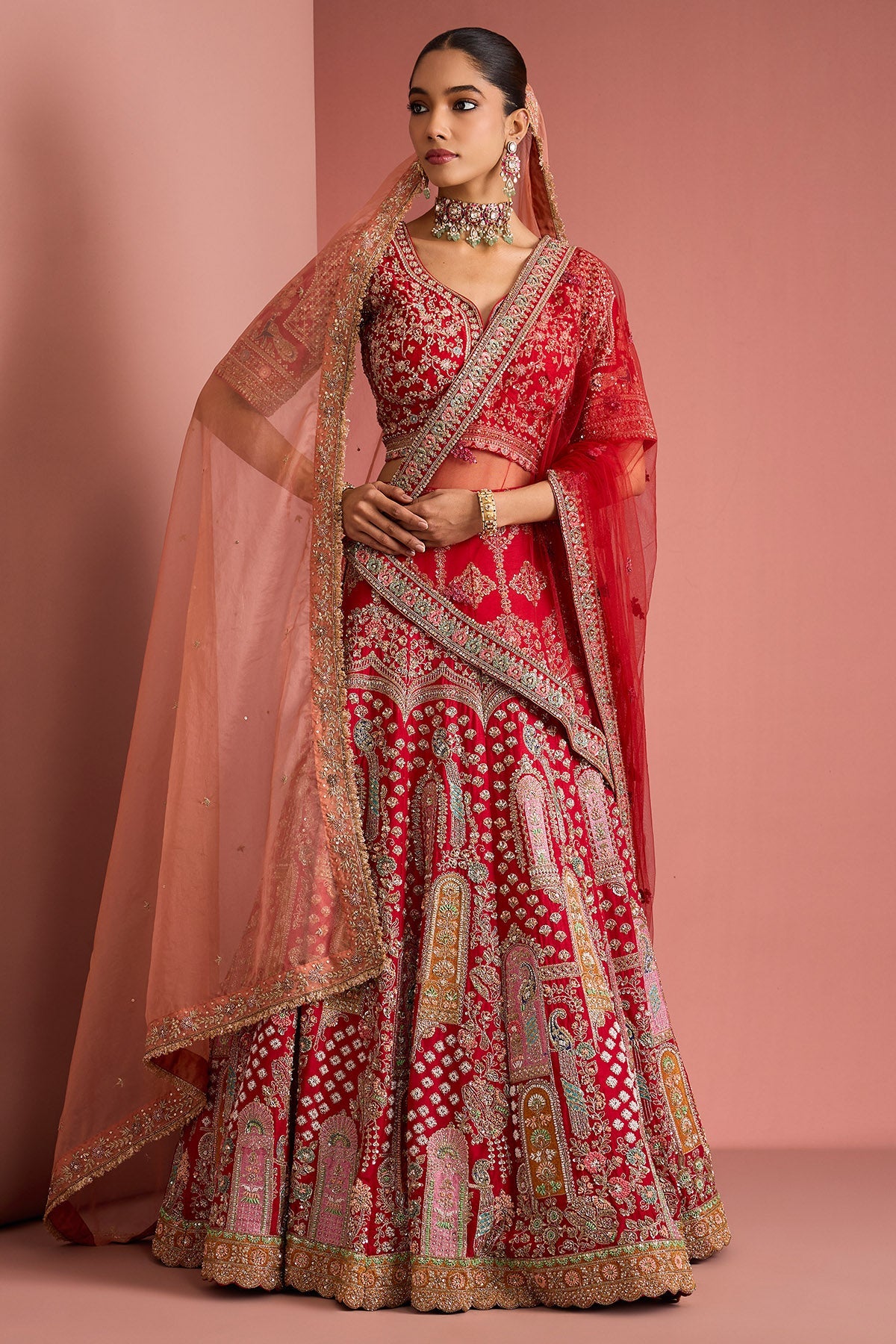 Buy Red Aari Embroidery Lehenga Set for women by Milu Madan online available at scrollnshops