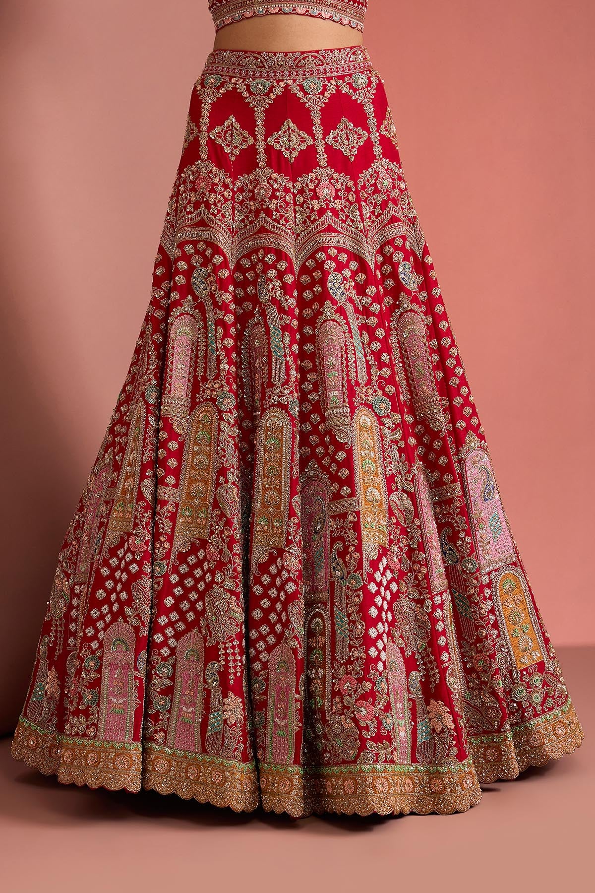 Red Aari Embroidery Lehenga Set