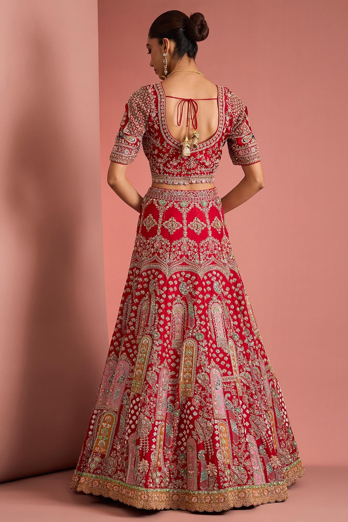 Red Aari Embroidery Lehenga Set