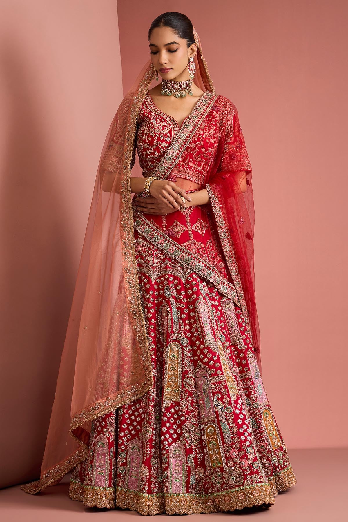 Red Aari Embroidery Lehenga Set