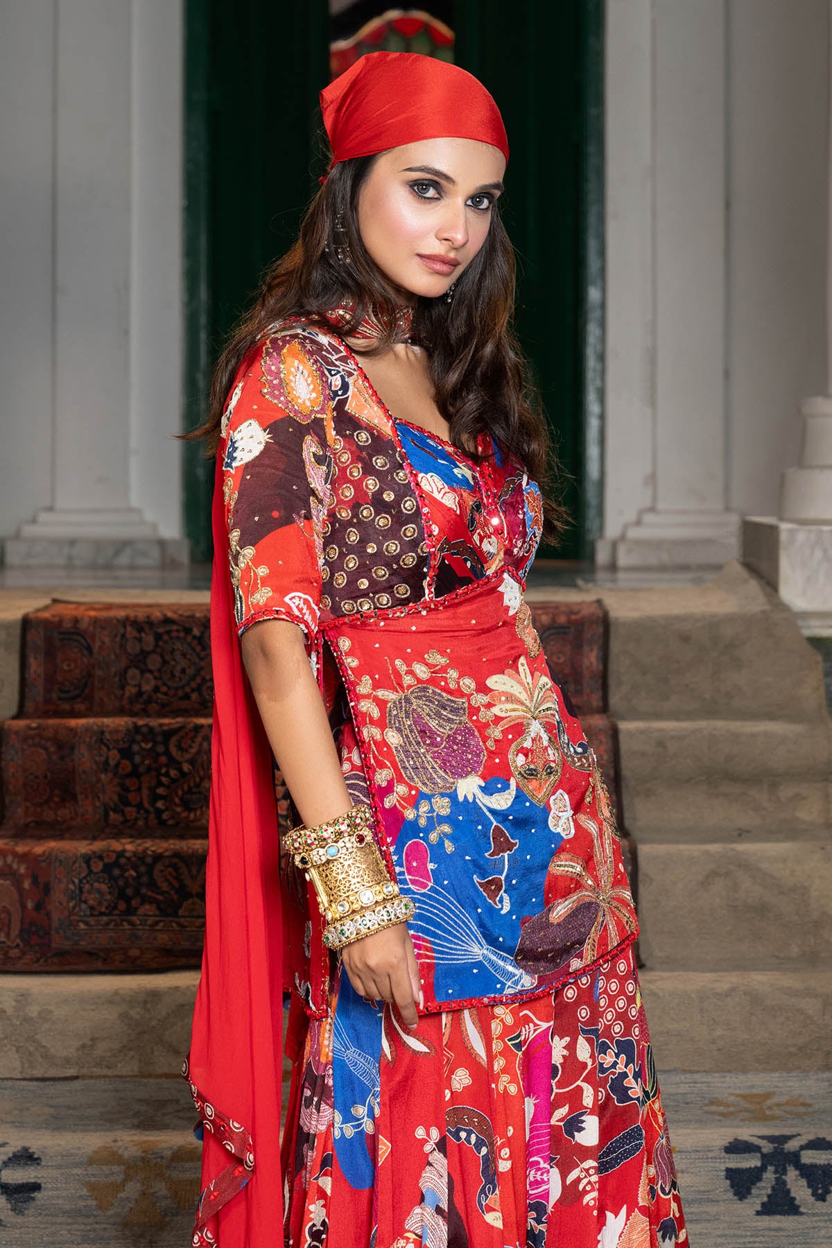 Red Abstract Motif Indo-Western