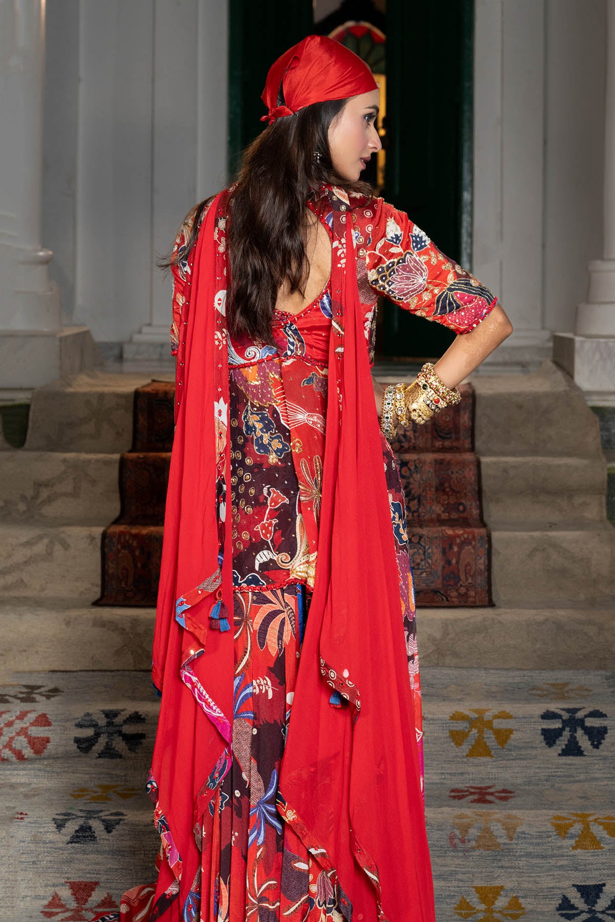 Red Abstract Motif Indo-Western