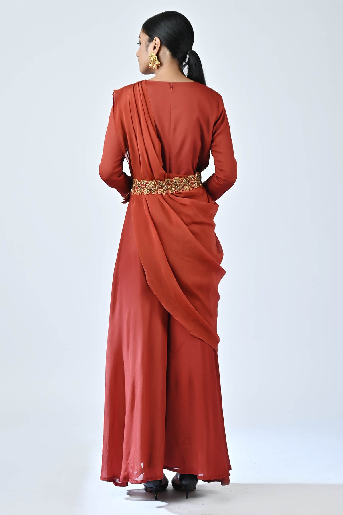 Red Ajrakh Drape Jumpsuit & Belt