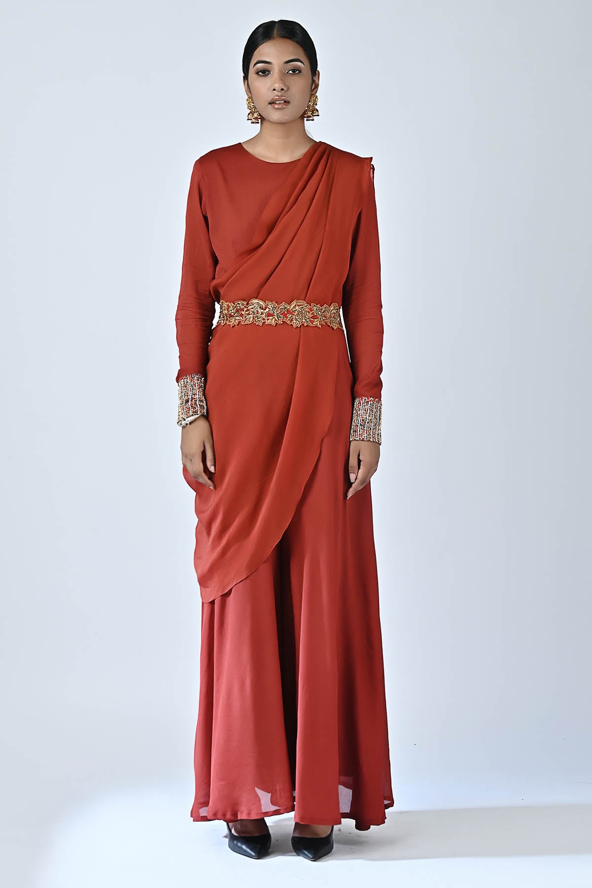 Red Ajrakh Drape Jumpsuit & Belt