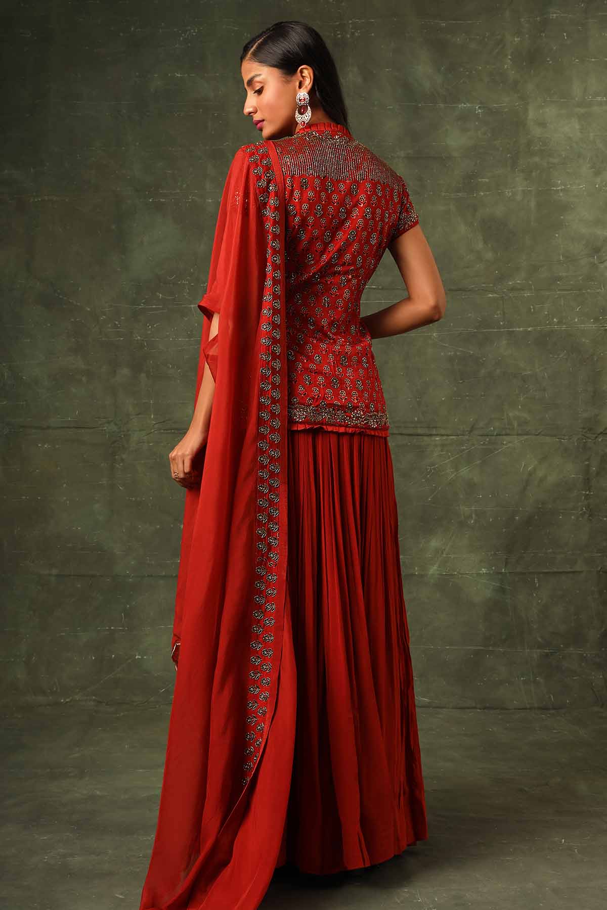 Red Ajrakh Embellished Skirt Set