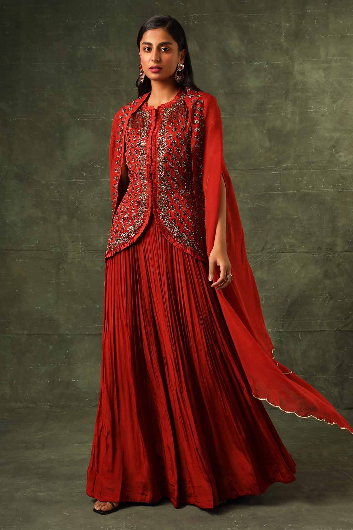 Red Ajrakh Embellished Skirt Set