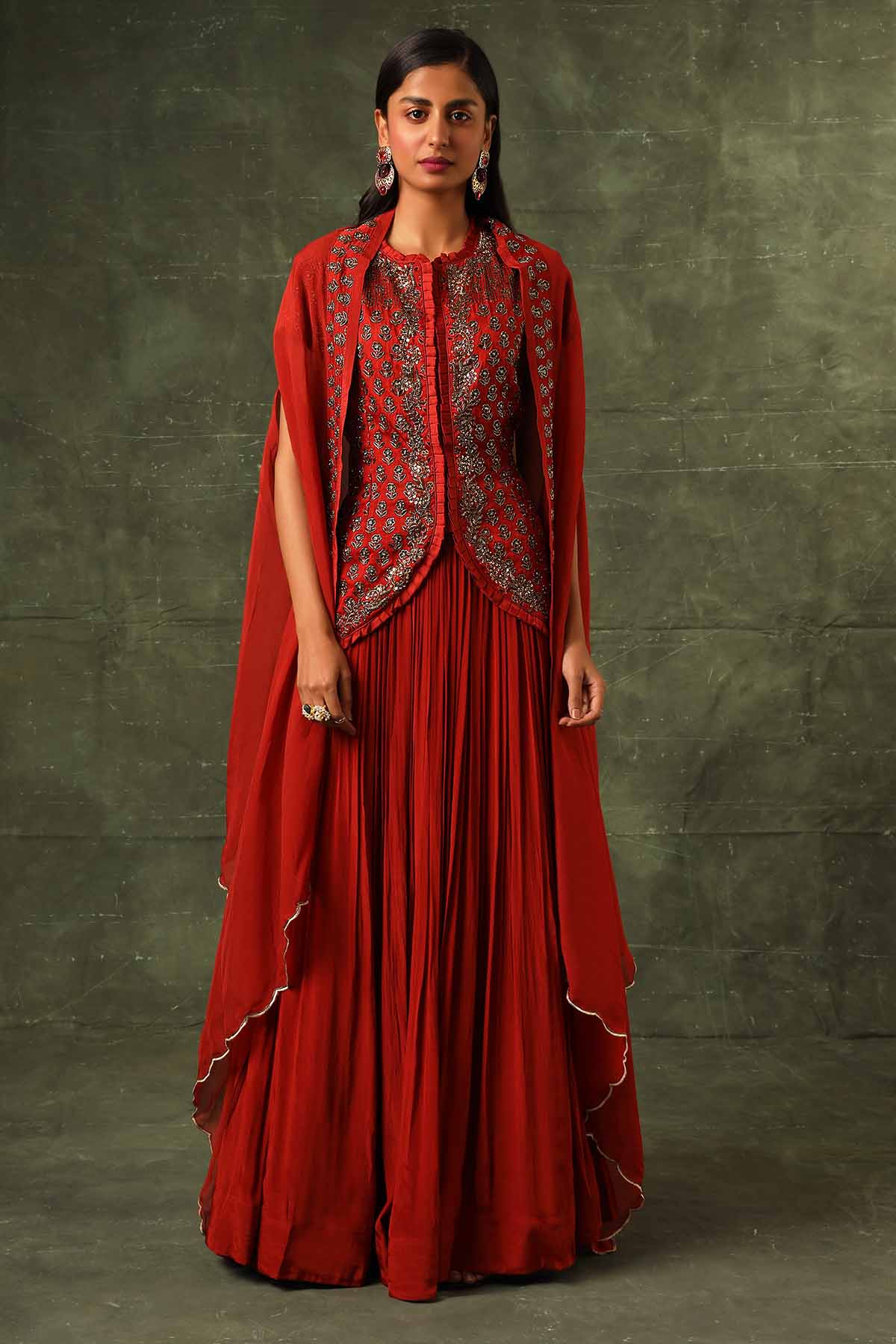 Red Ajrakh Embellished Skirt Set