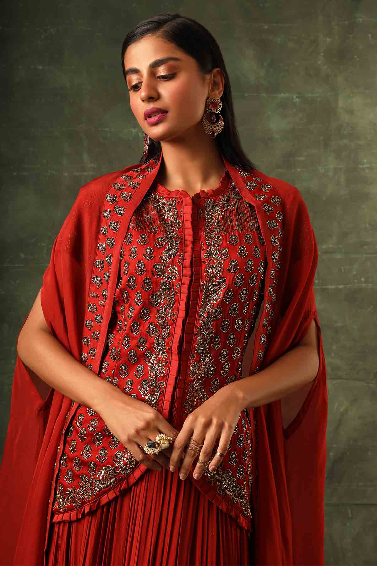 Red Ajrakh Embellished Skirt Set