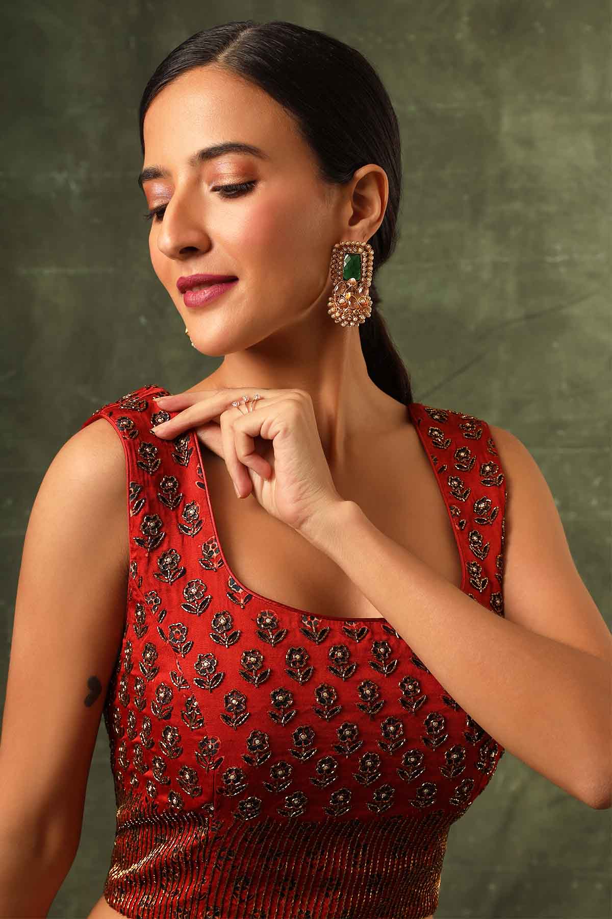 Red Ajrakh Indo-Western Set