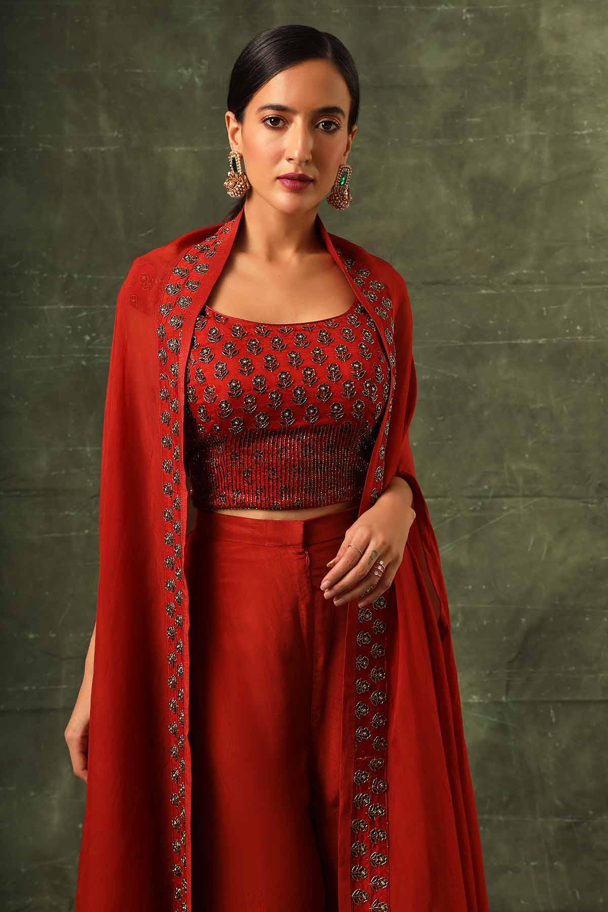 Red Ajrakh Indo-Western Set