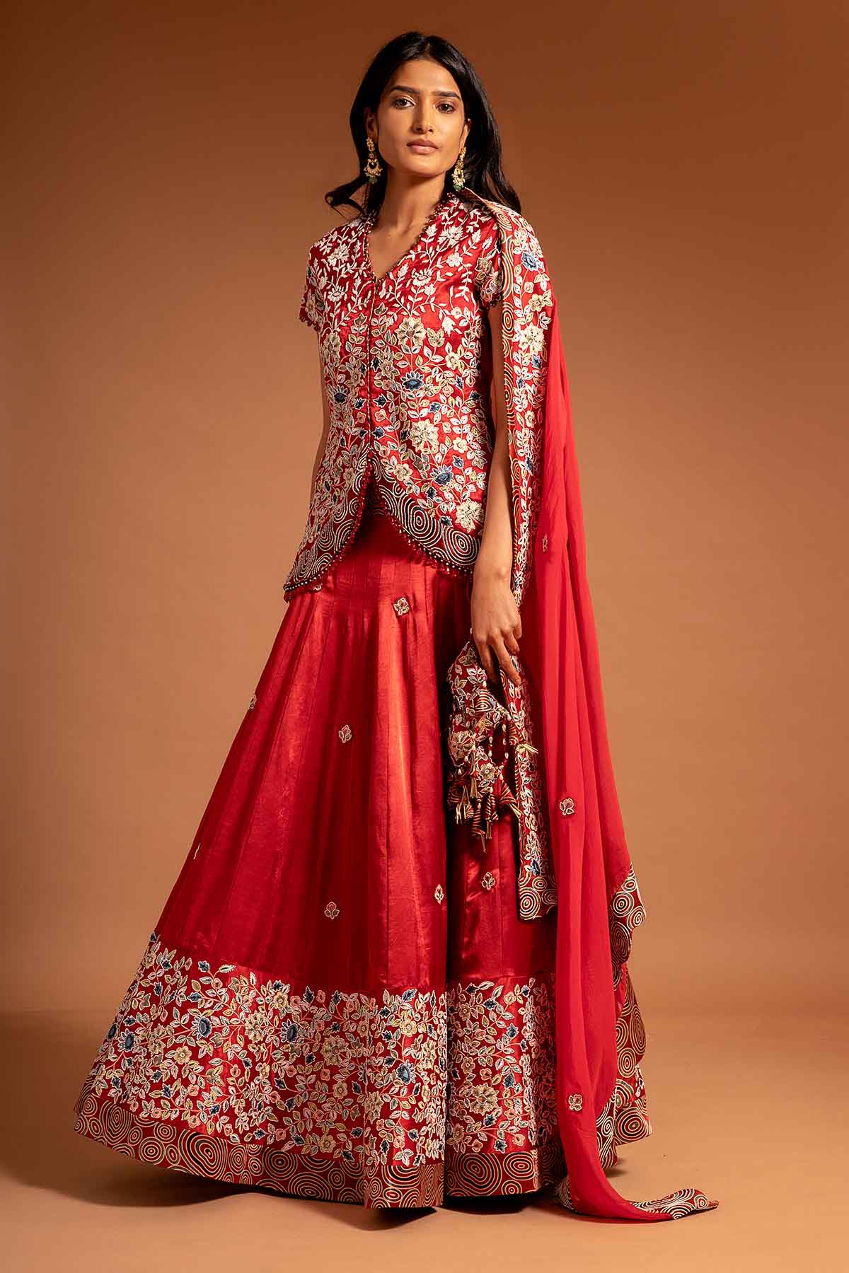 Buy Red Ajrakh Printed Lehenga Set by Sejal Kamdar at ScrollnShops